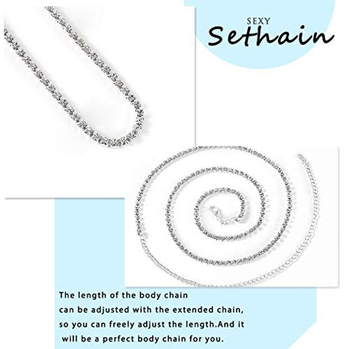 Sethain Rhinestone Body Chain Gold Shiny Crystal Belly Waist Chains Stomach Chain Body Jewelry Accessories for Women and Girls (Silver)