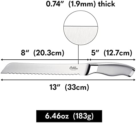 Orblue Serrated Bread Knife with Upgraded Stainless Steel Razor Sharp Wavy Edge Width - Bread Cutter Ideal for Slicing Homemade Bread, Bagels, Cake (8-Inch Blade with 5-Inch Handle)