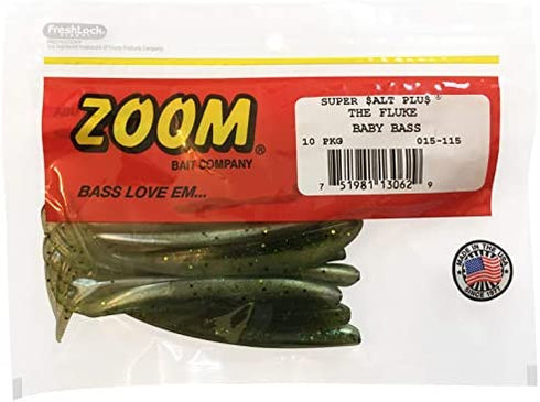 Bundle: Zoom Fluke Bait Lures - 4 1/4" Watermelon Seed 10 Pack, 4 1/4" White Pearl 10 Pack, 4 1/4" Smokin Shadow 10 Pack and 4 1/4" Baby Bass 10 Pack