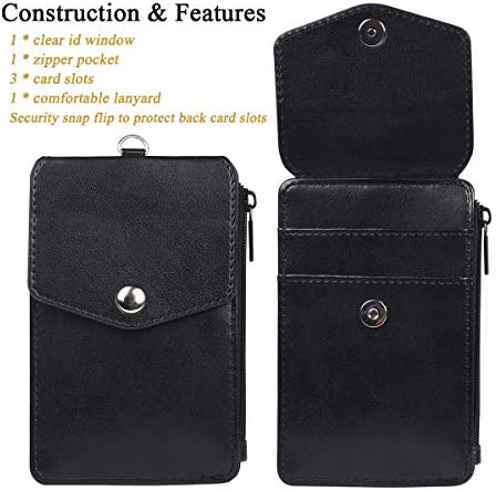Teskyer Leather Badge Holder with Zipper Pocket,1 Clear ID Window and 3 Card Slots with Secure Cover, Premium Leather ID Holder with Nylon Lanyard for Office School ID, Credit Cards, Driver Licence