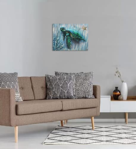 Arjun Bathroom Decor Teal Canvas Green Sea Turtle Wall Art Prints Submarine Picture One Panel 16"x12" Blue Sea-Plant Modern Landscape Painting Framed for Living Room Bedroom Home Office Spa Wall Decor