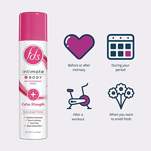 FDS Intimate Deodorant Spray, Extra Strength, 2 oz (Pack of 3) Feminine Spray for All Day Freshness & Odor Protection; pH-balanced, Talc-Free, Gynecologist Tested