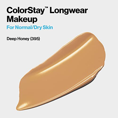 Liquid Foundation by Revlon, ColorStay Face Makeup for Halloween Makeup Kit, Normal & Dry Skin, SPF 20, Longwear Medium-Full Coverage with Natural Finish, Oil Free, 395 Deep Honey, 1 Fl Oz