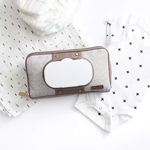 Itzy Ritzy Travel Wipes Case – Portable, On-The-Go Baby Wipes Holder Including Removable Clips for Car Visor Or Seat Back, Designed to Hold Packs of Up to 64 Wipes, Vanilla Latte