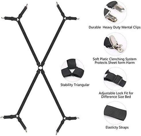 RoseJeopal Bed Sheet Suspenders Crisscross Adjustable Fitted Sheet Holder Straps with Heavy Duty Gripper Clips Fit for Twin/Twin XL/Full/Full XL/Queen/King/California King