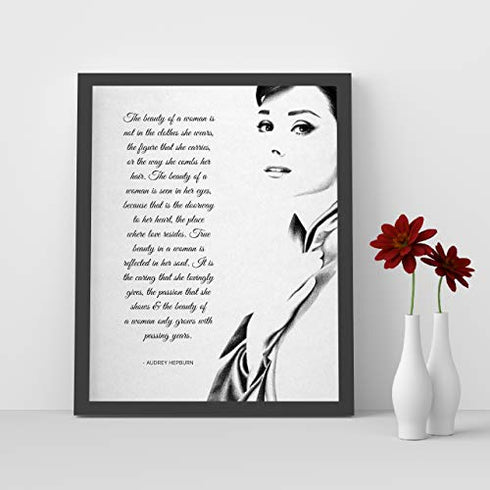 "The Beauty of a Woman"-Audrey Hepburn Quotes- 8 x 10" Inspirational Wall Art. Typographic Poster Print with Silhouette Image-Ready to Frame. Home-Office-Studio-Salon Decor. Reminder of True Beauty!