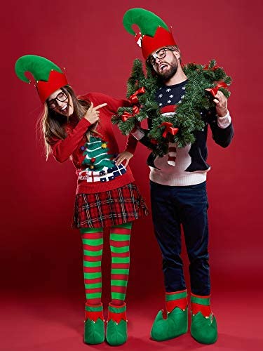 SATINIOR 4 Pieces Elf Christmas Women Costume Santa Elf Hat Elf Shoes Christmas Striped Tights Stocking Multicoloured