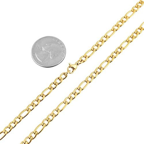 HZMAN Men Women 24k Real Gold Plated Figaro Chain Stainless Steel Necklace, Wide 3mm 5mm 7mm 9mm