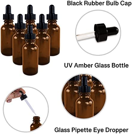 1oz Glass Bottles with Glass Eye Dropper Dispenser for Essential Oils, Kitchen Tools, Chemistry Lab Chemicals, Colognes & Perfumes (6 Pack) by Super Z Outlet (Amber)