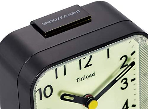 Tinload Night Light Analog Alarm Clock Silent Non Ticking, Ascending Beep Sounds, Snooze, Manual Light, Battery Operated,Small (Black)