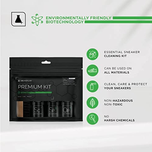 Sneaker LAB Premium Shoe Care Cleaning Kit - Cleaner + Deodorizer + Protector + Premium Brush - Perfect for Most Materials - 1.7 Fl Oz Bottles