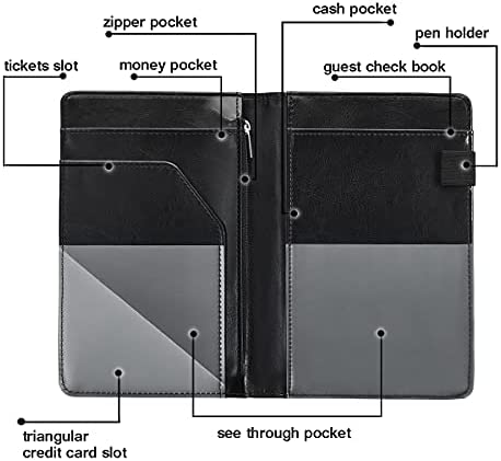 Black Server Books For Waitress/Waiter Book with Zipper Money Pocket,Cute Waitress Books Organizer Accessories Fit Server Aprons Note Pads (Black)