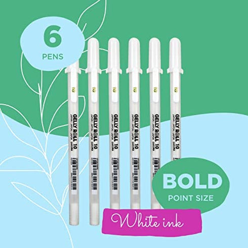 SAKURA Gelly Roll Gel Pens - Bold Tip Ink Pen for Journaling, Art, or Drawing - Classic White Ink - 6 Pack