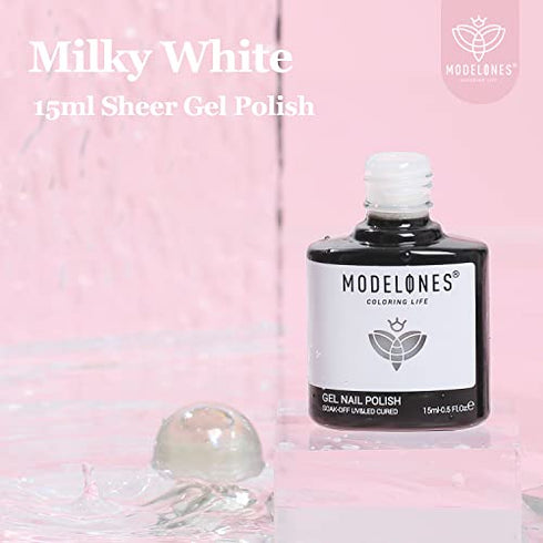 modelones Gel Nail Polish, 1 Pcs 15ml Transparent Milky White Jelly Gel Polish Set Sheer Pure White Color Nail Gel Polish Kit, Soak Off LED Salon DIY at Home Gel Nail Manicure Gift for Women Girls