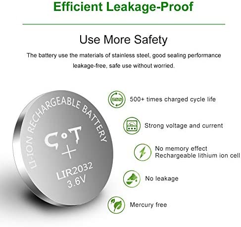 CT-ENERGY 8 Pack Lir2032 Rechargeable Coin Batteries 3.6V Rechargeable 2032 Lithium-ion Button Battery Replace 3V CR2032 Battery