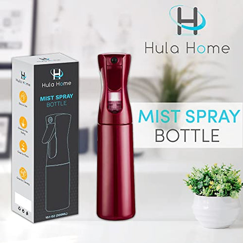 Hula Home Continuous Spray Bottle (10.1oz/300ml) Empty Ultra Fine Plastic Water Mist Sprayer – For Hairstyling, Cleaning, Salons, Plants, Essential Oil Scents & More - Red