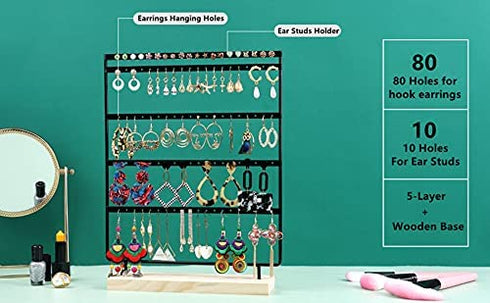 JAZUIHA Earrings Organizer 5-Layer 100 Holes Ear Stud Holder Earring Display Stand Wooden Base Jewelry Organizer for Hanging earrings (black)