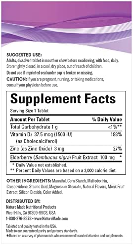 Nature Made Wellblends Elderberry with ImmuneCare, Vitamin D3 and Zinc, with Elderberry Flavor, 30 Fast Dissolve Tablets