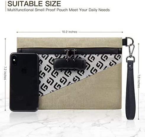 FashGudim Smell Proof Bags with Combination Lock,Carbon Lined Odor Proof Pouch 10.2 x 7.2 inches Medicine Lock Bag Travel Storage Organizer (Sand)