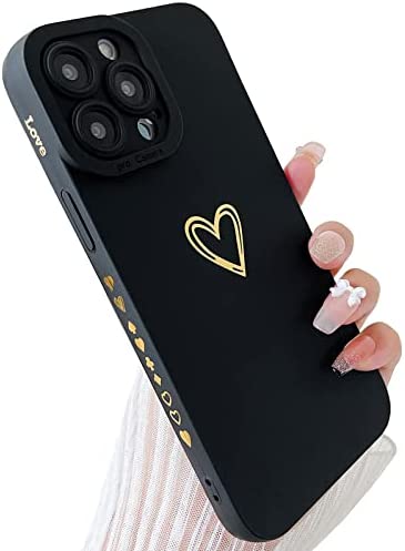 Qokey for iPhone 13 Pro Max Case(2021 6.7"), Side&Back Cute Plated Love Heart with Anti-Fall Lens Cameras Cover Protection Soft TPU Shockproof Anti-Fingerprint Phone Cases for Women Girls Men,Black