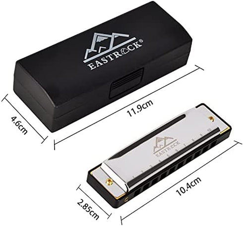 EastRock Blues Harmonica Mouth Organ Harp 10 Hole C Key with Case, Diatonic Harmonica for Beginner, Professional Player, Students gifts, Adult, Friends, Gift Silver