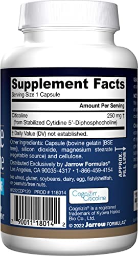 Jarrow Formulas Citicoline (CDP Choline) 250 mg - 120 Capsules - Supports Brain Health & Attention Performance - Up to 120 Servings ( Packaging May Vary )