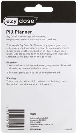 EZY DOSE Weekly Pill Organizer and Planner, Travel Pill Planner, 7-Sided, Colors May Vary