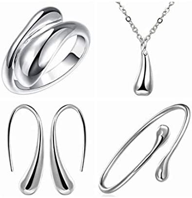 4PCS 925 Sterling Silver Jewelry Set for Women Teardrop Pendant Necklace Earrings Bracelet Ring Fit with Party Meeting Dating Wedding Daily Birthday Gift