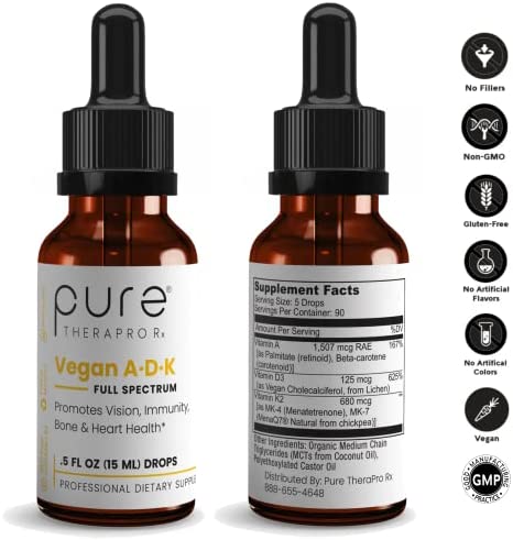 Vegan A-D-K “Full Spectrum" Drops for Best Absorption | 5 Drops Contain: 1,507 mcg Micellized A; 5,000 iu D3 "pureshine"; 500mcg vit K2 (MK4) & 180mcg vit K2 (MK7) "MenaQ7" | Tasteless & Odorless