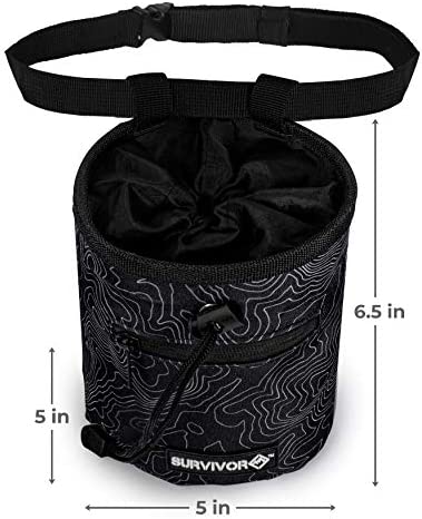 SURVIVOR Chalk Bag + Refillable Chalk Ball + Liquid Chalk - Draw String & 2 Zippered Pockets - Black Chalk Bag for Rock Climbing, Bouldering, Weightlifting with Hand Chalk Accessories for Extra Grip