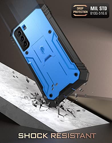 Poetic Revolution Series Case Designed for Samsung Galaxy S21 FE 5G, Built-in Screen Protector Work with Fingerprint ID, Full Body Rugged Shockproof Protective Cover Case with Kickstand, Blue