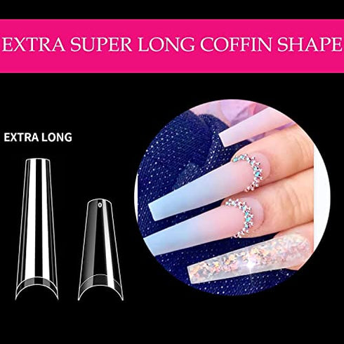 UNA GELLA Coffin Nails Tips No C Curve 216PCS Extra Long Nail Tips Clear Coffin Acrylic Nail Tips for Coffin Nails Clear Coffin Nail Tips XXL Nail Tips Coffin Fake False Nails For Nail Extension Nail Art, Home DIY Salon 12 Sizes Gelly Tips