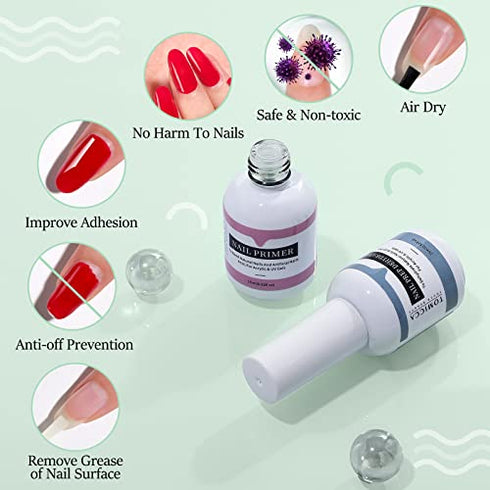 TOMICCA Nail Dehydrator and Primer, Professional Acid Free Natural Nail Prep Dehydrator, Fast Air Dry Superior Bonding Primer Set for Acrylic Powder and Gel Nail Polish 15Ml/0.52 oz