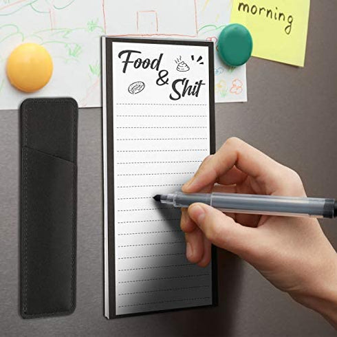 Magnetic List Notepad Funny Grocery List Pad Magnet Refrigerator Notepad with Fridge Pen Holder Magnetic Faux Leather Marker Pouch for Refrigerator, to Do Lists (Black, White,Simple Style)