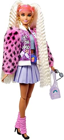 Barbie Extra Doll #8 in Pink Sparkly Varsity Jacket with Furry Arms & Pet Teddy Bear, Extra-Long Crimped Pigtails, Layered Outfit & Accessories, Multiple Flexible Joints