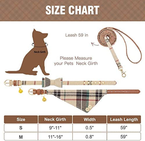 Bow Tie Dog Collar and Leash Set for Small Dogs - Puppy Leash Collars Classic Beige Plaid - Adjustable Size with Golden Bell - Perfect for Small Breeds Boys
