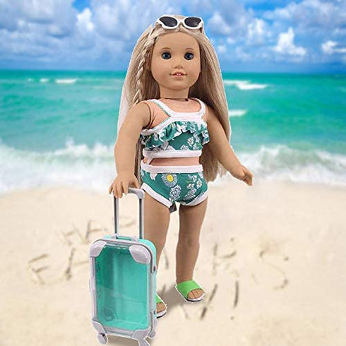 Doll Travel Set Suitcase,Travel Luggage Doll Accessories with Green Suitcase, Camera, Sunglasses, Bikini, Slippers, Notebook, Umbrella for Dolls