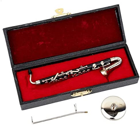Dselvgvu Miniature Bass Clarinet with Stand and Case Mini Musical Instrument Mini Bass Clarinet Miniature Dollhouse Model Christmas Ornament (5.12")