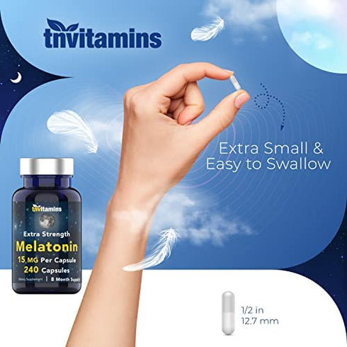 Melatonin 15 MG Per Capsule (240 Capsules) | All-Natural Sleeping Pills for Adults | Extra Strength Melatonin | Nighttime Sleep Aid | Natural Sleep Support Supplement | by TNVitamins