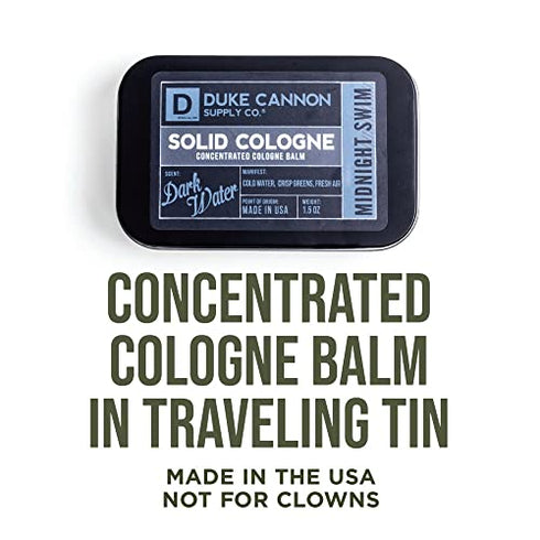 Duke Cannon Supply Co. Solid Cologne for Men Midnight Swim - Cold Water, Crisp Greens, Fresh Air - Concentrated Balm, Travel-Friendly Tin, Made with Natural & Organic Ingredients, 1.5 oz (1 unit)