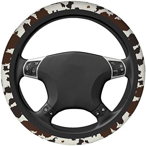 Cow Leather Skin Brown Car Steering Wheel Cover Elastic Comfortable Neoprene Steering Wrap Universal 15 Inch Durable Protector