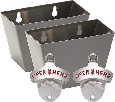 2PCS Stainless Heavy Duty Alloy Wall Mounted Beer Bottle Opener and Cap Catcher for Man Cave Home Bar Bartender Gifts (Silver )