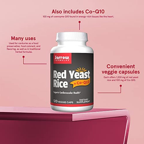Jarrow Formulas Red Yeast Rice - Includes 100 mg Co-Q10 Per Serving - Heart, Cardiovascular Health, Dietary Supplement - 120 Veggie Caps - 60 Servings