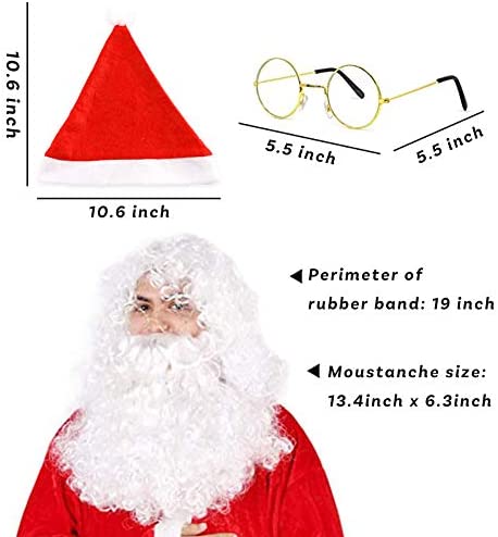 BigOtters Santa Costume Accessory, 4pcs Christmas Set with Glasses, Xmas Hat, Deluxe Long White Santa Claus Beard and Wig for Men Women Cosplay Dress up Props