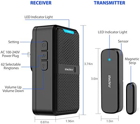 Wireless Door Chime,600Ft Range 5 Adjustable Volume 1 Magnetic Door open Contact Sensor with 62 Chimes Mute Mode Door Bell Plugin Receiver for Home/Office/Store STECHRO (Black)