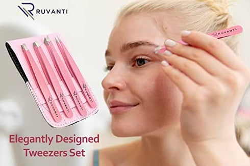 Ruvanti-4 Piece Professional Stainless Steel Tweezers Set - Eyebrow Tweezers, Slant tip, Pointed & Straight Best Precision Tweezers for Facial & Ingrown Hairs,Splinter & Hair Removal Tweezers (Pink)