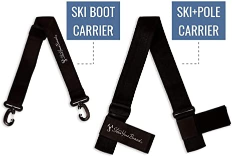StoreYourBoard Set of (1) Ski and Boot Carrier Straps & (1) Ski and Ski Pole Carrier, Adjustable Shoulder Straps, Hands Free Easy Transport, Hook and Loop Wraps