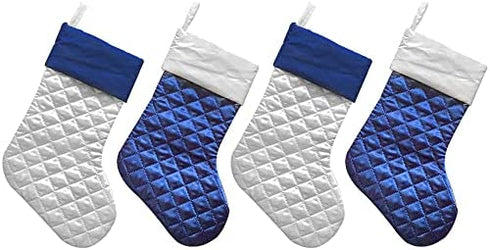 Ivenf Christmas Stockings, 4 Pcs 18 inches Blue Silver Faux Silk Quilted Thick Luxury Stockings, for Family Holiday Xmas Fireplace Decorations