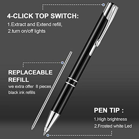 4 Pieces Lighted Tip Pen Metal Ballpoint Pen with Light LED Lighted Pen Black Ink Writing Pen with 8 Pieces Pen Refills for Writing in the Dark