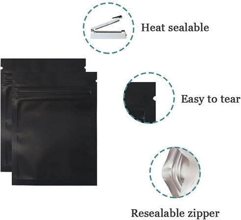 100 Pack 4x5 inch Glossy Black Resealable Clear Front Mylar Foil Zipper Lock Pouch for Zip Reclosable Lock Food Storage Bags Heat Seal Pouches Airtight Grocery Pack